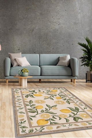 Homshtag Art Deco Limon Desenli Halı Bitki Temalı Sarı Renk Modern Limon Desenli Dijital Baskı Halı Çok Renkli