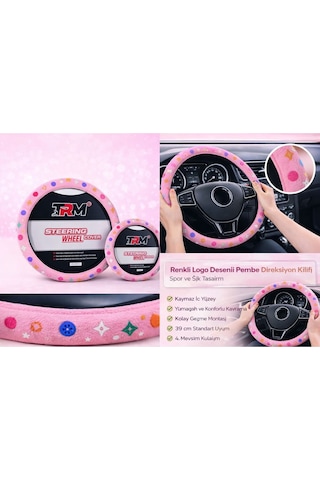 Logo Desenli Pembe Direksiyon Kılıfı -38 Cm - Spor Şık Tasarım Çok Renkli