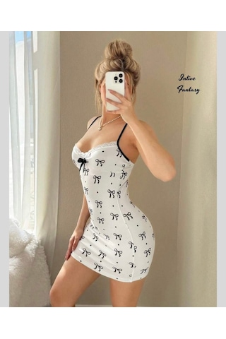Bigpoint Intive Fantasy Beyaz Siyah Kurdeleli Dantel Detaylı Slim Kesim Mini Feminen Gecelik
