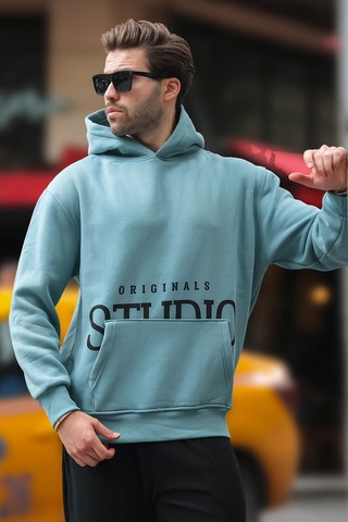 Madmext Mavi Kapüşonlu Baskılı Cep Detaylı Sweatshirt E7076 Mavi