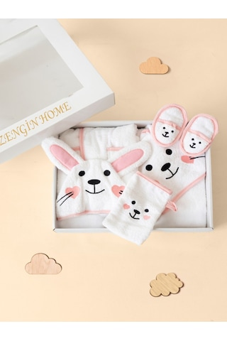 %100 Pamuk Kutulu Hediye Yenidoğan/bebek Bornoz Seti 4 Parça / Kelebek Süt Beyaz