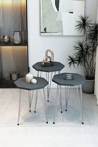 3'lü Sekizgen Zigon Sehpa Seti - Gümüş Metal Ayaklı, Modern & Şık Yan Sehpa, Dayanıklı Salon Ofis Antrasit