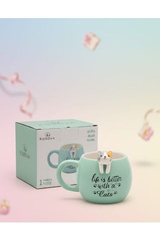 Kedi Figürlü Mug Kupa 420 Ml Yazılı Seramik Kupa Sevimli Cat Mug Hediye Kupa Bardak Mint Yeşili