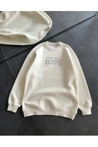 İkales Üç İplik Bisiklet Yaka Baskılı Sweatshirt - Beyaz