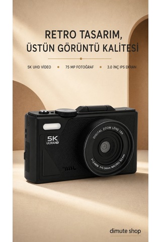 5k Uhd 75 Mp Dijital Kamera 18x Zoom Retro Tasarım Seyahat & Vlog Fotoğrafçılığı Siyah