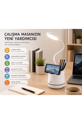 Şarjlı Led Masa Lambası Dokunmatik 3 Modlu Telefon Tutuculu Kalemlik Organizerli Esnek Gövdeli Çalışma Lambası Beyaz