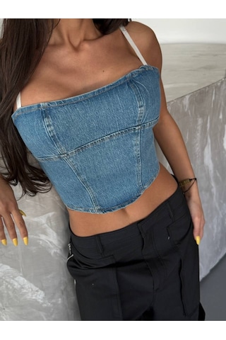 Herton Denim Korsaj Görünümlü Askılı Büstiyer Çok Renkli