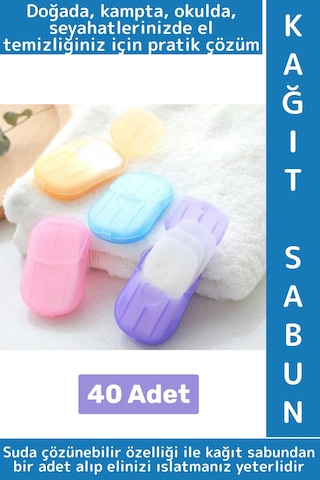 Seyahat Tipi Kamp Outdoor Okul Ofis Hafif Suda Kolay Çözünen Sabunluk Tasarımlı Kağıt Sabun 40 Adet Çok Renkli