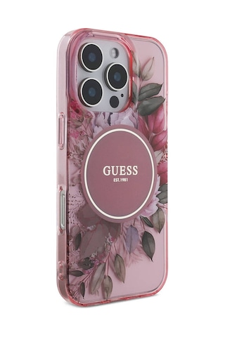 Apple Uyumlu iPhone 16 Pro Kılıf Guess Lisanslı Magsafe Özellikli Iml Baskılı Çiçek İnci Bileklikli Pembe
