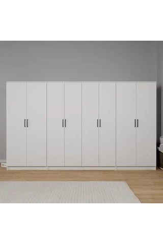 Kardelen Serisi 300 Cm Mat Beyaz 8 Kapılı 13 Raflı Elbise Dolabı - Gardırop Seti Beyaz