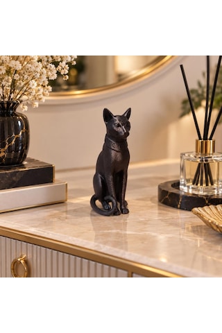 Kedi Biblo Mısır Kedisi Bastet Esintili Siyah Dekoratif Figür Ev Ofis Masa Raf Vitrin Süsü