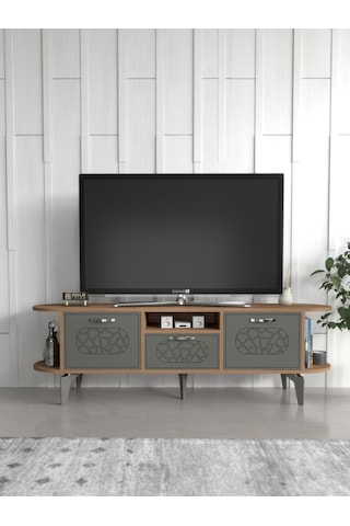 Tv Sehpası Tv Ünitesi Kapaklı Raflı Setro Traverten Çok Renkli