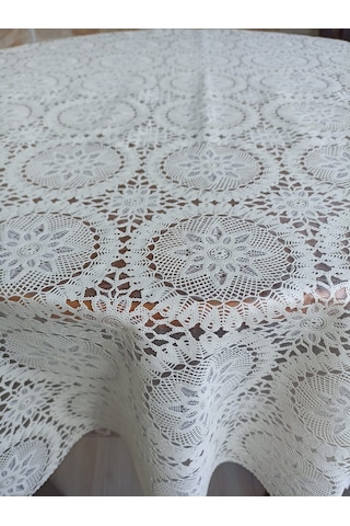 dantel görünümlü şeffaf kaplamalı pvc masa örtüsü yuvarlak krem