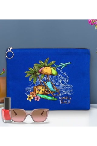 Bk Gift Yaz Temalı-9 Astarlı Mavi Portföy Çanta 30x21cm, Baskılı El Çantası, Organizer Çanta