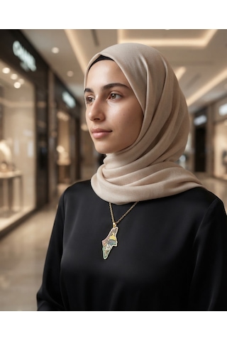 Filistin Haritası Kubbetü S Sahra İle Paslanmaz Gold Kaplamalı Zinciri Unisex Kolye J300041
