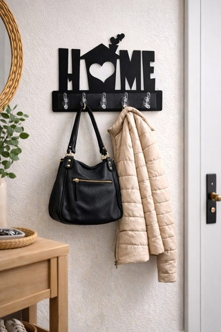 Home Yazılı Dekoratif Duvar Askılığı 6 Kancalı Anahtarlık Ve Askı 39,5 X 28,5 Cm Siyah Siyah