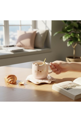 Tatlı Kedi Tasarımlı Kupa Bardak Pembe