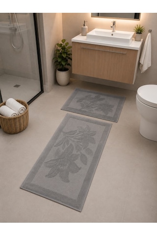 Kabartma Çiçek Desenli 2 Li Banyo Paspas Seti Yumuşak Dokulu Modern Banyo Halısı Gri