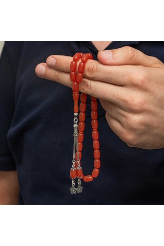 Gümüş Püsküllü Kapsül Kesim Sıkma Kehribar Tesbih Sl12597 Gümüş