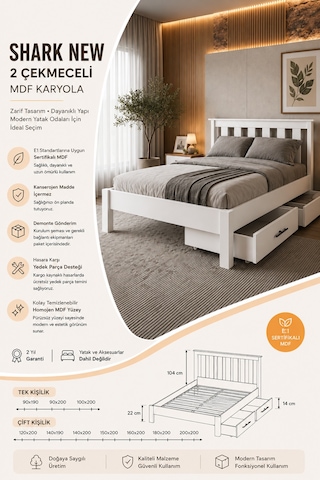 Shark New 2 Çekmeceli Çift Kişilik Mdf Karyola 140x200 Yatak Uyumlu - Beyaz
