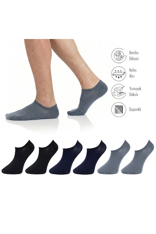 Lion Monroe Saf Bambu Erkek Sneaker Siyah - Lacivert - Füme Çorap Dikişsiz Görünmez Bilekte Spor Çorap Premium 6'lı L5952aznb Softaura