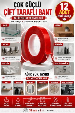 12 Adet Silikonlu Çift Taraflı Bant 18 Mm X 2 M Güçlü Yapışkan Şeffaf Montaj Bandı Ekonomik Koli Pak
