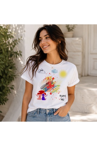 Gün Batımı Manzaralı Özel Tasarım Pamuklu Baskılı T-shirt Beyaz - Siyah