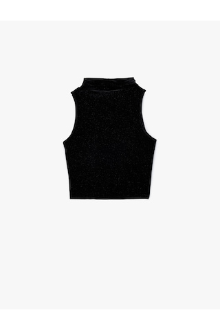 Koton Kolsuz Slim Fit Balıkçı Yaka Simli Crop Kadife Top Siyah 6wak10058ek Siyah