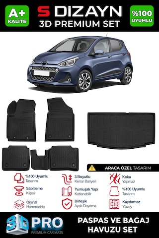 S-dizayn Hyundai İ10 3d Pro Havuzlu Paspas Ve Bagaj Havuzu Seti 2'li Set 2013-2019 A+ Kalite