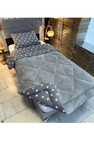 Tek Kişilik Lüx Çift Taraflı Pufidik Desenli Wellsoft Yorgan 155x215 + 1 Adet Yastık Kılıfı Açık Gri