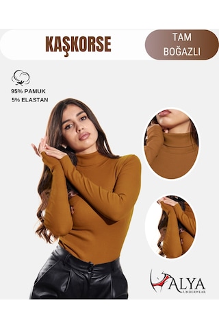 Alya Underwear Kaşkorse Tam Boğazlı Body Sweatshirt, Fitilli Kumaş, Likralı, Gül Kurusu Açık Kahve