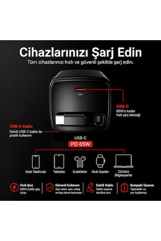 Sbs 65w Gan Usb-c Hızlı Şarj Adaptörü Entegre 75 Cm Geri Sarılabilir Kablo Ek Usb-c Çıkış Power Delivery Dizüstü Bilgisayar Uyumlu 65w Şarj Cihazı