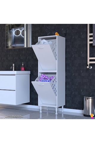 Eliusta Veluna 50 Cm Kirli Çamaşır Sepetli Dolap Banyo Dolabı Beyaz 50x138x32,5 Cm 2 Sepetli Dolap Beyaz