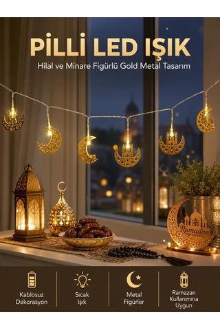 Hepsi Pilli Minareli Hilal Led Işık Gold Metal Ramazan Dekorasyonu Najmaddin Diğer