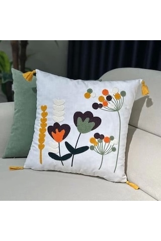 Nivemeshome Çiçekli Nakışlı Kırlent Kılıfı 45x45 Beyaz