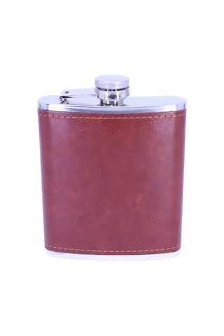 Kahverengi Deri Kaplama Paslanmaz Çelik Cep Matarası - Hip Flask 7 Oz