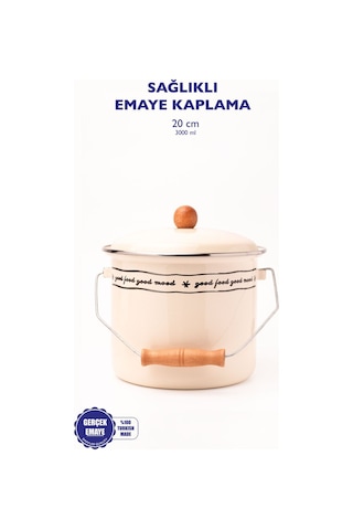 Mood Ahşap Detaylı Emaye Yoğurt/bakliyat Bakracı 20cm-3 Litre-tüm Ocaklarla Uyumlu Bej
