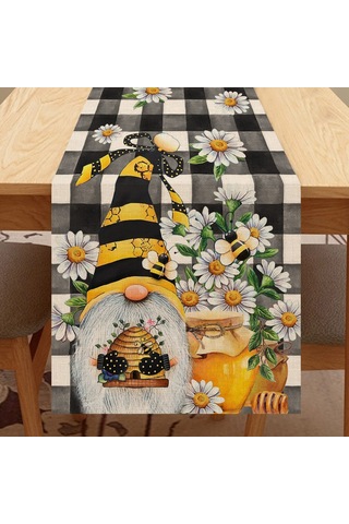 Bahar Arı Gnome Masa Koşucu, Bal Siyah Beyaz Ekose Kontrol Ev Mutfak Yemek Dekor