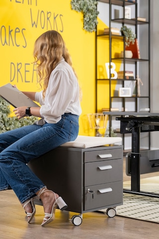 Creo Mobili Çekmeceli Kilitli Tekerlekli Vega Keson, Oturulabilir Ofis Ve Ev Komodini Antrasit/beyaz