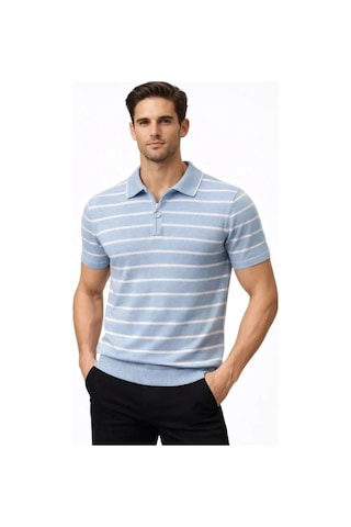 Vexor Erkek Triko Polo Yaka Fermuarlı Çizgili Tişört T-shirt Yazlık Şık - Bebek Mavisi