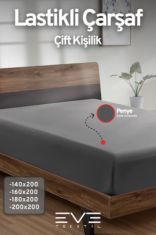 Eve Tekstil Fitted Yüksek Kaliteli Penye Kumaş Çift Kişilik Lastikli Çarşaf Gri