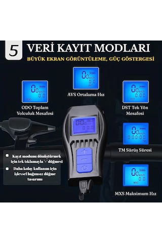 Kablosuz Lcd Ekranlı Hız Göstergeli Bisiklet Kornası Şarjlı Bisiklet Feneri Su Geçirmez Siyah - Mavi