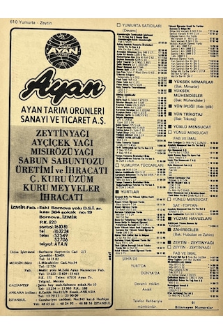 İzmir 1982-1983 Meslek Reklam İlanı Efemera S609