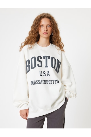 Koton Oversize Sweatshirt Bisiklet Yaka Kolej Baskılı Uzun Kollu Şardonlu Ekru 5wal10090ık Ekru