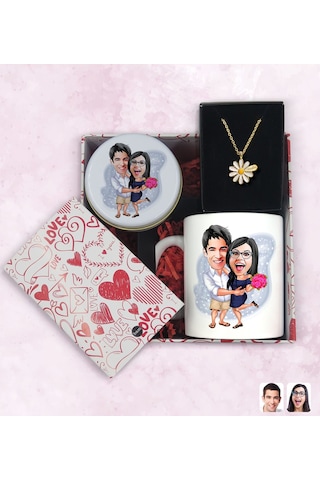 BK Gift Sevgiliye Özel Karikatürlü Kutuda Hediye Seti, Kupa Bardak, Sevgili Hediyesi, İsimli Papatya Kolye, Kokulu Mum,Yıl Dönümü Hediyesi-6