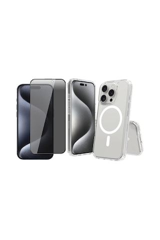 Vendas Apple Uyumlu iPhone 14 Pro Max Kılıf M-safe Şarj Özellikli Şeffaf Sert Pc Zore Embos Kapak + Hayalet Ekran Koruyucu Şeffaf