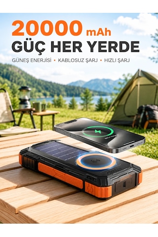 Bay 20000 Mah Powerbank Güneş Enerjili Kablosuz Şarj Hızlı Şarj Taşınabilir Batarya Najmaddin Standart