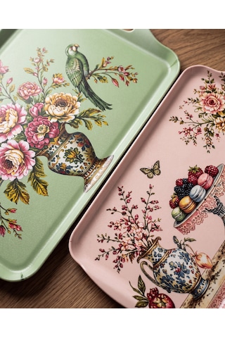 Makaron Ve Çiçek Desenli 2 Li Melamin Sunum Tepsisi Seti Rosave Çok Renkli