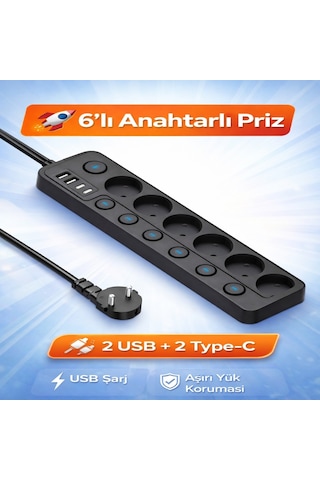 6 Lı Ayrı Anahtarlı Akım Korumalı Priz 3680w 16a 2 Usb 2 Type-c 2 Metre Kablolu Çoklu Priz 3 M