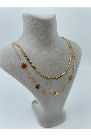 Xbaby İkili Yonca Çiçekli Çelik Gold Kolye Gold